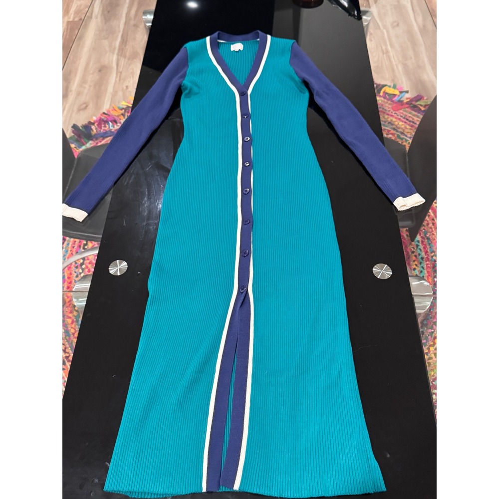 Dee‎ Elly Teal Blue Purple Ribbed Knit Maxi Dress V Neck Cardigan M o2